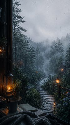 a mysterious forest path with fireflies and drifting mist, atmospheric vertical composition with open space at the top, no text