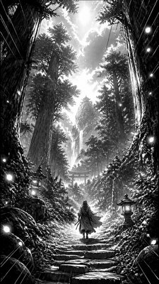 a mysterious forest path with fireflies and drifting mist, atmospheric vertical composition with open space at the top, no text
