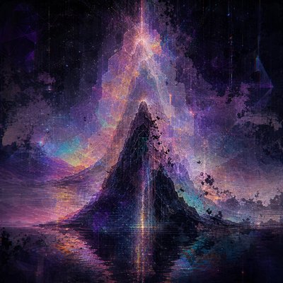 a painting of a mountain in the middle of a body of water