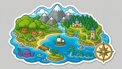 a map of an island realm with mountains, forests, a sheltered bay, sea monsters in the water and a compass rose, no text labels