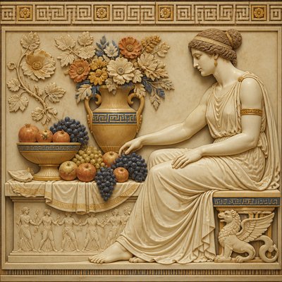 still life arrangement of fruits and flowers