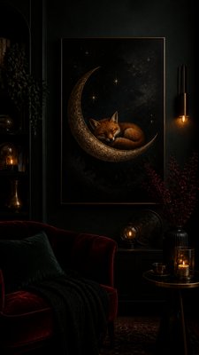 a sleeping baby fox curled on a crescent moon among soft stars, gentle and warm, no text