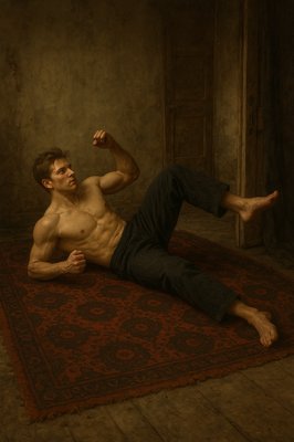 a shirtless man laying on a rug flexing his muscles