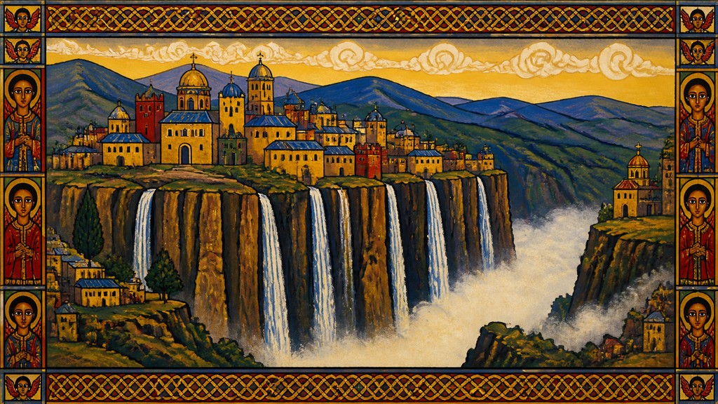 a cliffside city with waterfalls cascading into a misty canyon, wide establishing shot, no people, no text