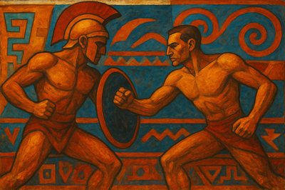 a painting of two men fighting with each other