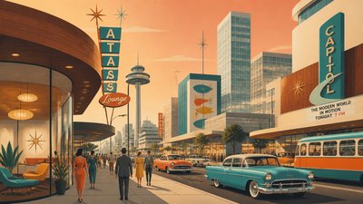 bustling city street panorama at dusk