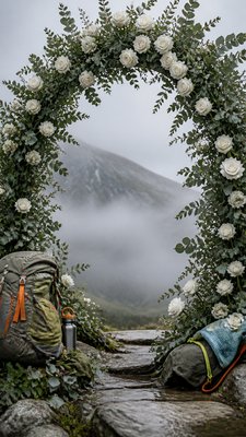 an arch of white roses and eucalyptus in soft morning light, elegant vertical composition with open space, no text