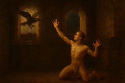 a painting of a man kneeling in front of a bird