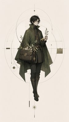 full-body original character: a wandering botanist with a satchel of plants, a patched green cloak, tall boots and round glasses, neutral background