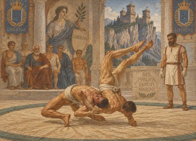 a painting of a man doing a handstand in front of a group of
