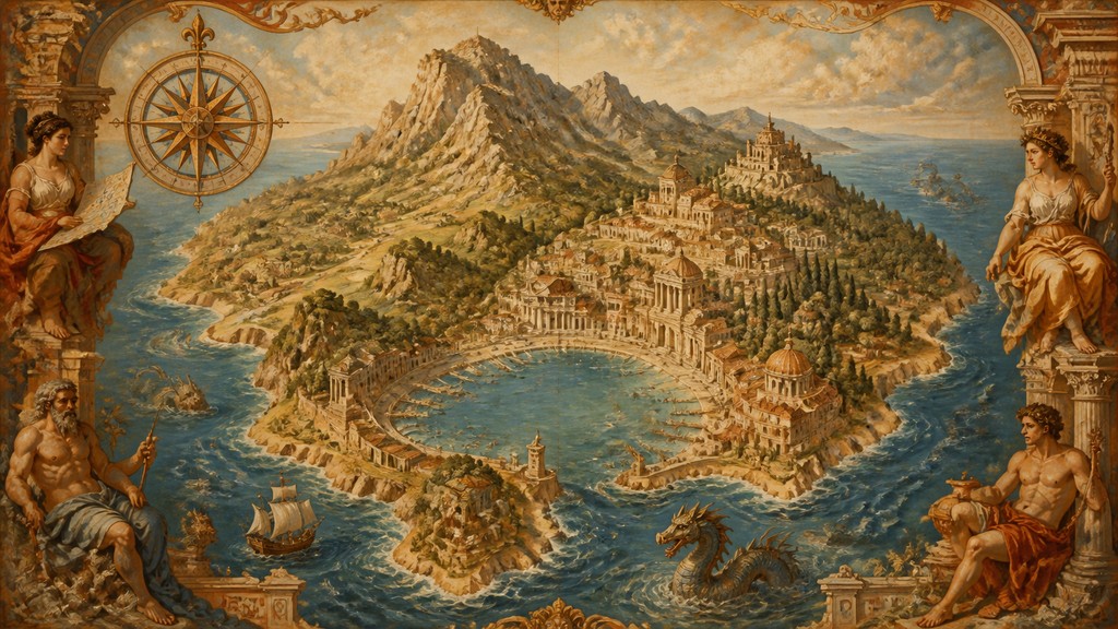 a map of an island realm with mountains, forests, a sheltered bay, sea monsters in the water and a compass rose, no text labels