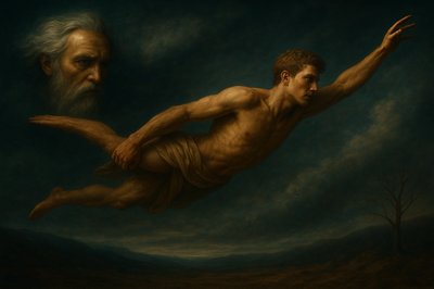 a painting of a man floating in the air