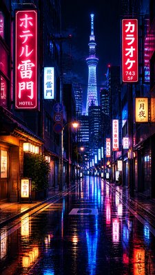 a quiet rainy city street at night reflecting neon signs, no people