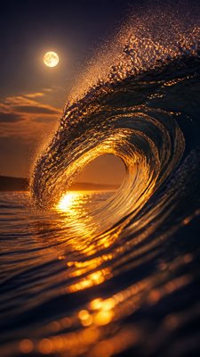 an ocean wave curling under moonlight, no people