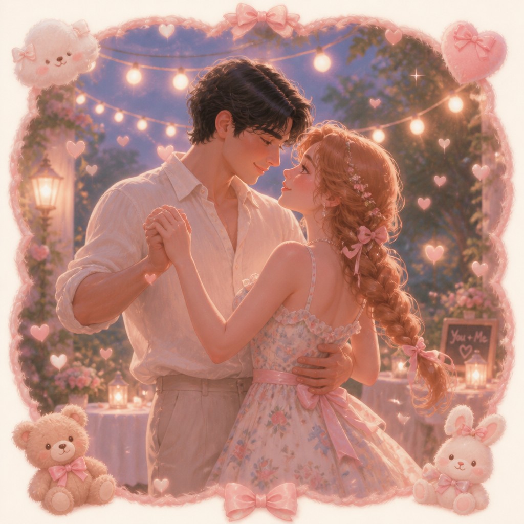 an original couple dancing under string lights in a garden at dusk: a man with short black hair in a linen shirt and a woman with braided red hair in a summer dress