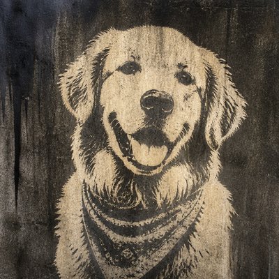 portrait of a golden retriever wearing a blue bandana, warm plain backdrop, no text