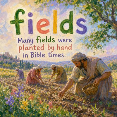 Create an image to assist with learning how to spell the word "fields". And use this to also express: "Many fields were planted by hand in Bible times."