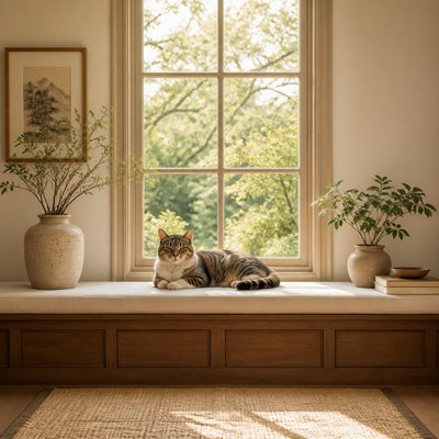a cat lounging in a sunlit window