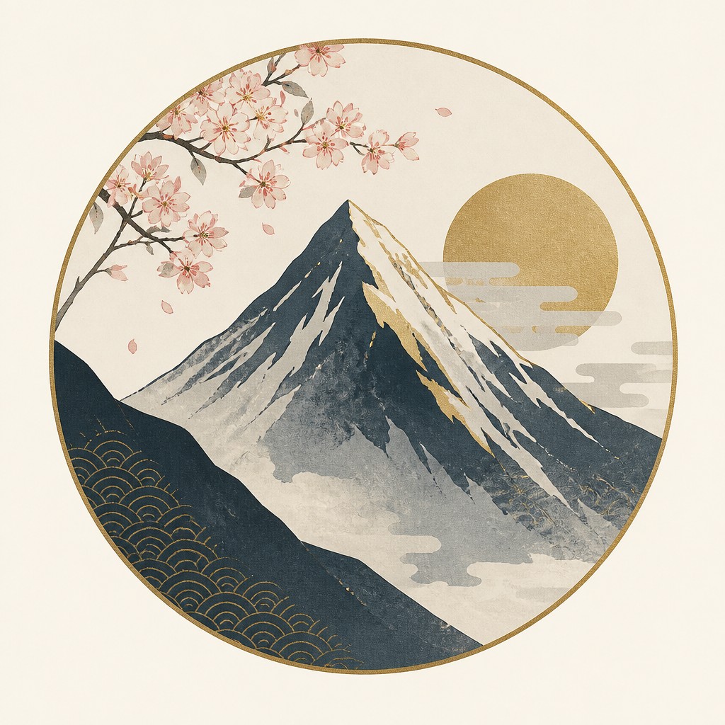 an emblem of a mountain peak inside a circle, simple bold shapes on a plain background, no text or lettering