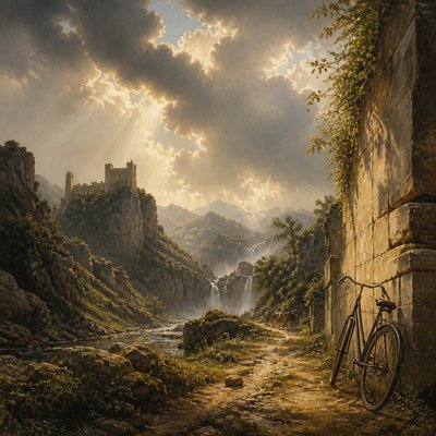 bicyle resting against a wall — Düsseldorf School Art Style