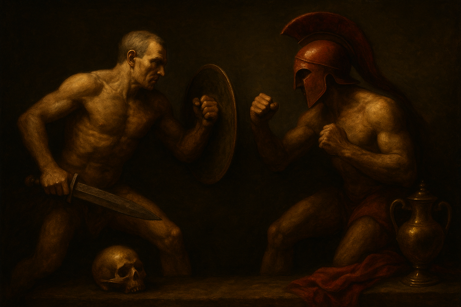a painting of two men fighting with each other