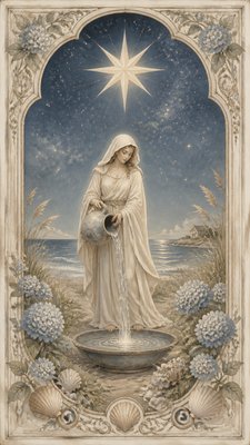 a robed figure pouring water beneath a large eight-pointed star in a night sky, symmetrical composition with an ornate decorative border, no text