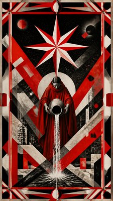 a robed figure pouring water beneath a large eight-pointed star in a night sky, symmetrical composition with an ornate decorative border, no text