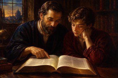 a father and his teenage son reading the Bible together
