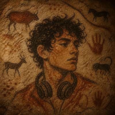 head-and-shoulders portrait of an original character: a young man with curly dark hair and headphones around his neck, plain backdrop, no text