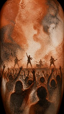 a live music scene with a glowing stage and silhouetted crowd, energetic vertical composition with open space at the top, no text
