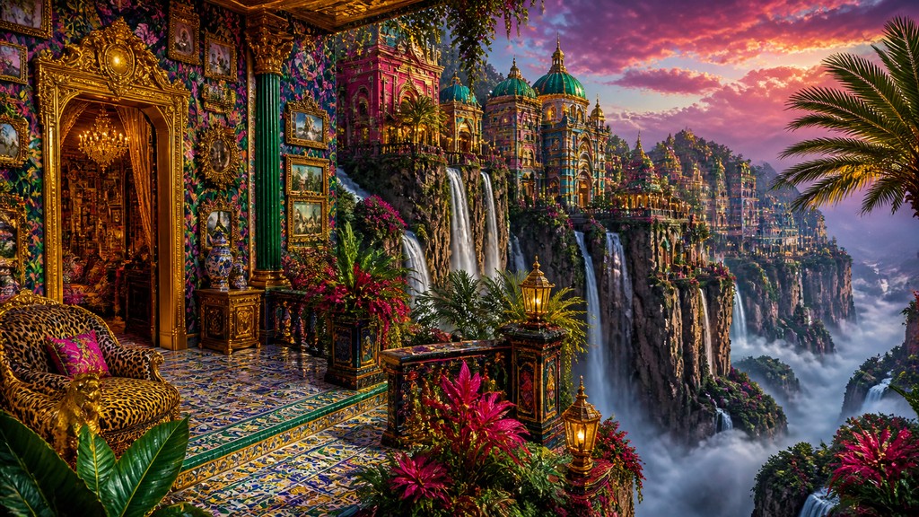 a cliffside city with waterfalls cascading into a misty canyon, wide establishing shot, no people, no text