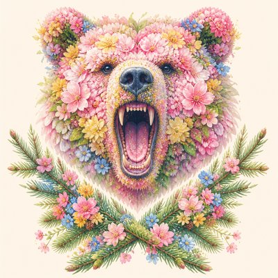 a roaring bear head above crossed pine branches, bold graphic composition on a plain background, no text