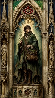 full-body original character: a wandering botanist with a satchel of plants, a patched green cloak, tall boots and round glasses, neutral background