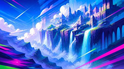a cliffside city with waterfalls cascading into a misty canyon, wide establishing shot, no people, no text