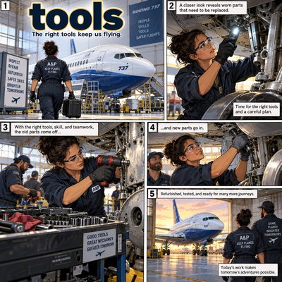 Please create a narrative for the spelling word "tools". feature an A&P mechanic working on refurbishing a 737. Please display the word prominently.