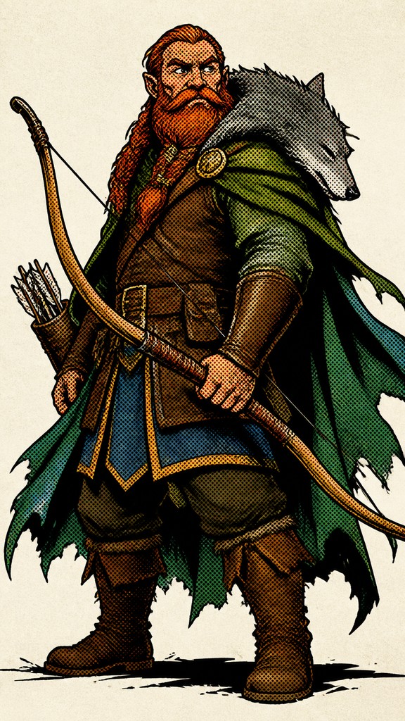 full-body original character: a dwarven ranger with a braided auburn beard, worn leather armor, a longbow and a wolf-pelt cloak, neutral background, no text
