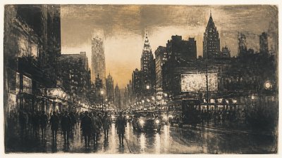 bustling city street panorama at dusk