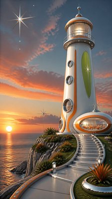 a lone lighthouse on a cliff at dusk under a dramatic sky, no text or lettering