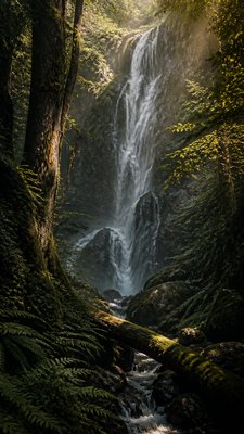 towering waterfall cascading down a cliff