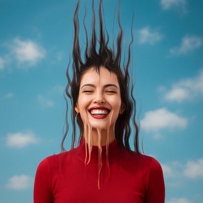 a woman with her hair blowing in the wind