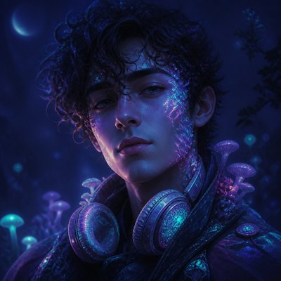 head-and-shoulders portrait of an original character: a young man with curly dark hair and headphones around his neck, plain backdrop, no text