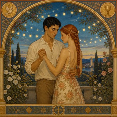 an original couple dancing under string lights in a garden at dusk: a man with short black hair in a linen shirt and a woman with braided red hair in a summer dress