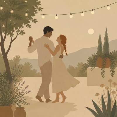 an original couple dancing under string lights in a garden at dusk: a man with short black hair in a linen shirt and a woman with braided red hair in a summer dress