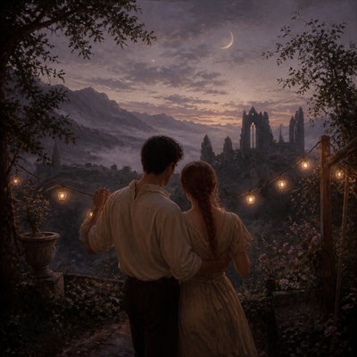 an original couple dancing under string lights in a garden at dusk: a man with short black hair in a linen shirt and a woman with braided red hair in a summer dress