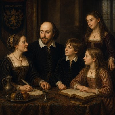 William Shakespeare with his wife, a 11 year old  son, and a 11 year old daughter, and a 16 year old daughter
