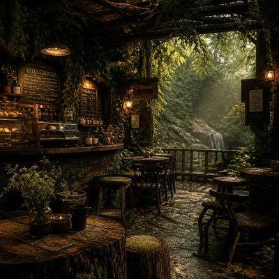 cozy cafe interior with warm lighting