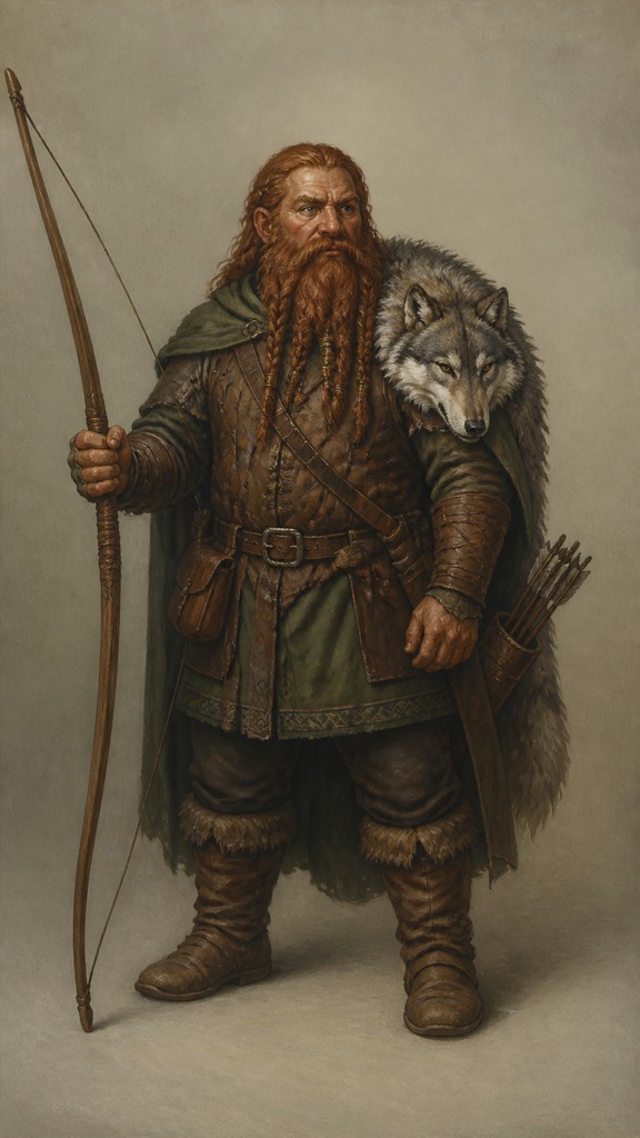 full-body original character: a dwarven ranger with a braided auburn beard, worn leather armor, a longbow and a wolf-pelt cloak, neutral background, no text