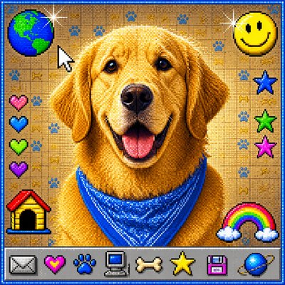 portrait of a golden retriever wearing a blue bandana, warm plain backdrop, no text