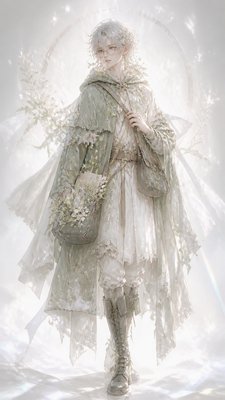 full-body original character: a wandering botanist with a satchel of plants, a patched green cloak, tall boots and round glasses, neutral background