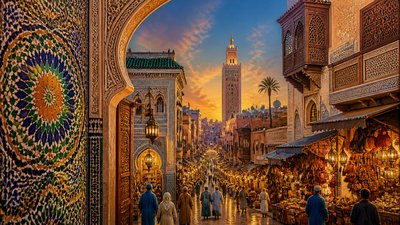 bustling city street panorama at dusk